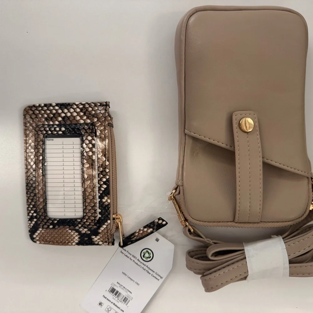 Taupe Crossbody Phone Bag with Snake-Print Card Case
